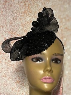 Small Black Sequin  Button Fascinator Half Hat for Church Head Covering, Weddings, Tea Parties and Other Special Occasions The hat is trimmed with bows and a hat pin. The hat pin may vary.  The hat affixes to the head via a hatstring.  The hat measures approximately 5.4 inches in diameter. Handmade Gifts for mom, sister, wife, or yourself. Black Gatsby Style Fascinator For Evening, Black Gatsby Fascinator For Evening, Fitted Black Headpiece For Vintage Events, Vintage Black Fascinator For Party, Gatsby Style Black Fascinator For Parties, Black Hat-style Headpieces For Wedding, Black Hat Headpiece For Wedding, Adjustable Black Fascinator For Vintage Events, Black Gatsby Style Fascinator For Party