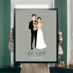 a man and woman are holding up a poster with the bride and groom on it