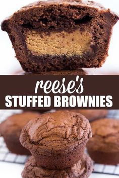 two chocolate muffins stacked on top of each other with the words reese's stuffed brownies