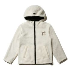 MLB New York Yankees Lambs Wool Hooded Jacket Unisex White 31JPF2061-50I White Jackets, Lamb Jacket, Fashion Leaders, Outfit Korean, Cable Knit Jumper, Unisex Jacket, Light Blue Jeans, White Jacket, Knit Jumper