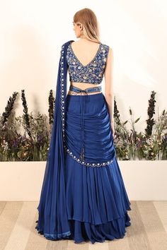 Blue pre-draped saree featuring scallop hem. Paired with a gota patti embroidered padded blouse. - Aza Fashions Blue Draped Lehenga With Unstitched Blouse, Designer Draped Blue Lehenga, Blue Draped Lehenga With Dupatta, Blue Draped Lehenga For Reception, Blue Draped Choli For Reception, Draped Blue Choli For Reception, Draped Cutdana Dress For Reception, Draped Dress With Sheer Dupatta For Diwali, Navratri Draped Dress With Zari Work