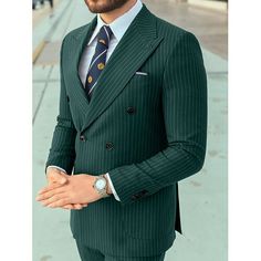 Category:Suits; Embellishment:Pocket; Season:Spring, Fall, Winter, Summer; Fabric:Polyester; Includes:Pants,Jacket; Occasion:Party; Fit Type:Tailored Fit; Jacket Buttons:Double Breasted Six-buttons; Jacket Pockets:Patch Pocket; Pattern:Striped; Neckline:Peak; Listing Date:11/07/2023; Production mode:Self-produce; Pant Length:; Pants Waist:; Shoulder Width:; Sleeve Length:; Bust:; Hips:null; Clothing Length:; Number of Pieces:2 Piece; Design:Classic; Clothing Waist:null Tailored Striped Double-breasted Suits, Green Formal Suit With Pockets, Tailored Striped Suits With Double Button Closure, Double-breasted Formal Suits With Pockets, Formal Double-breasted Suits With Pockets, Semi-formal Pinstripe Suit With Double Button Closure, Pinstripe Suit With Double Button For Semi-formal, Striped Long Sleeve Suits For Semi-formal Occasions, Pinstripe Suit With Double Button For Semi-formal Occasions