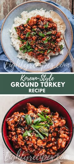 two pictures with different types of food in them and the words, korean style ground turkey recipe