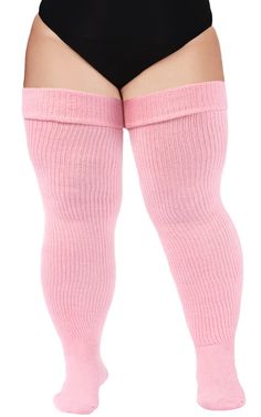 Stay stylish and comfortable with these plus size baby pink thigh high socks. Perfect for pairing with your favorite boots, these socks are crafted from a soft and stretchy cotton and spandex blend. With a classic ribbed design, these socks will keep you looking and feeling your best all day long. Casual Pink Knee-high Socks For Fall, Pink Fitted Footless Stockings, Fitted Footless Pink Stockings, Cute Fitted Winter Hosiery, Trendy Pink Knee-high Socks For Winter, Trendy Pink Footless Leg Warmers, Cute Pink Winter Socks, Cute Fitted Winter Socks, Pink Footless Stockings