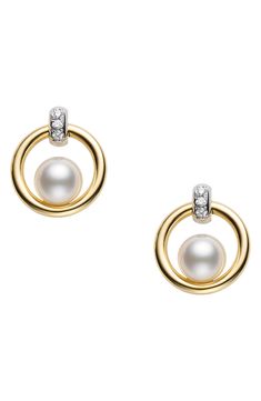 Glittering diamonds and glossy cultured pearls brighten these elegant circle earrings in 18-karat gold. Style Name:Mikimoto Cultured Pearl Circle Earrings. Style Number: 6249900. Pearl Earrings With Diamonds, Mikimoto Pearl Earrings, Mikimoto Earrings, Build Wardrobe, Mikimoto Jewelry, Modern Pearl Earrings, Pearl Earrings Designs, Mikimoto Pearls, Expensive Taste