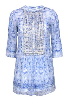 Current Boutique-Elie Tahari - Blue Marbled Silky Tunic Top w/ Gold Embroidery Sz XS Golden Embroidery, Cropped Sleeves, Tunic Tops Casual, Casual Tunics, Sheer Overlay, Gold Embroidery, Elie Tahari, Summer Ready, Tunic Top