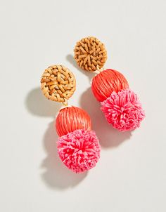 Make a splash with these bold and colorful straw and wicker beauties! Inspired by a tropical vacation, you'll reach for these lightweight Straw Pom Earrings over and over again. Please note This design features natural materials and each piece is one-of-a-kind. Colors and patterns may vary slightly from the image shown. Nail Polish Gift, Pom Earrings, Spartina 449, Summer Earring, Earrings Red, Home Candles, Sequins Embroidery, Tropical Vacation, Clothes Collection