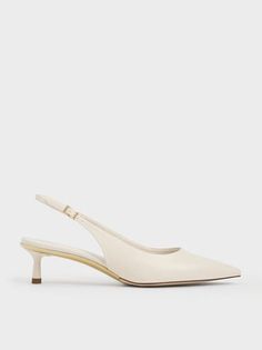 Chalk Pointed-Toe Slingback Pumps | CHARLES & KEITH Slingback Heels Outfit, Wedding Dress And Shoes, Kitten Heels Wedding, Ivory Heels, Pointy Shoes, Elegante Y Chic, Look Classy, Heels Outfits, White Kittens