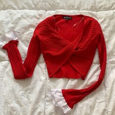 Red Long Sleeve Cropped Balkan Shirt With Wrap In Front. Off Brand Of Shirt Bella Hadid Wore. Never Worn! Red Stretch Cotton Blouse, Trendy Stretch Red Blouse, Trendy Red Winter Blouse, Off Brand, Red Long Sleeve, Bella Hadid, Shirt Color, Long Sleeve Shirt, Sleeve Shirt