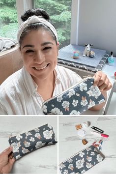 a collage of photos shows a woman holding a pencil case with flowers on it