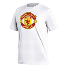 The adidas White Manchester United Crest T-shirt is the perfect way to show unwavering support for the Red Devils. Crafted from soft cotton, this crew neck tee proudly displays the iconic Manchester United crest on the chest. Whether cheering from the stands or showcasing allegiance, this t-shirt is a must-have for true Manchester United fans. Screen print graphics Brand: adidas Short sleeve Crew neck Officially licensed Material: 100% Cotton Imported Machine wash, tumble dry low Cotton T-shirt With Logo Print For Sports Season, Sports Fan T-shirt With Logo Print And Crew Neck, Adidas Logo T-shirt For Streetwear, Sporty Adidas Cotton T-shirt, Relaxed Fit Logo Print T-shirt For Fan Merchandise, Graphic Print Crew Neck T-shirt For Fans, Adidas T-shirt With Logo For Sports Season, White Short Sleeve T-shirt With Team Logo, Graphic Print Crew Neck T-shirt For Sports Events