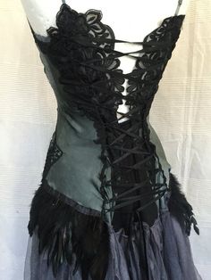 Witches weding dress feathers black wedding dressblack swan | Etsy Gothic Fitted Dress With Lace Patchwork, Halloween Lace Corset Dress With Corset Back, Black Dresses With Corset Back And Fitted Bodice, Black Dress With Corset Back And Fitted Bodice, Gothic Prom Dress With Boned Bodice, Black Lace Patchwork Corset Dress, Black Corset Dress With Lace Patchwork, Black Gothic Corset For Halloween, Black Lace Corset For Costume Party