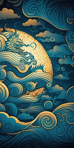 an artistic painting with waves and clouds in the night sky, as well as a full moon