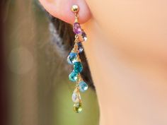 Multi Gemstone Earrings Rainbow Earrings Colorful Earrings Aqua Blue Earrings Cascade Rainbow Gemsto Multicolor Long Drop Gemstone Earrings, Multicolor Gemstone Long Drop Earrings, Multicolor Multi-stone Briolette Earrings, Multicolor Briolette Multi-stone Earrings, Elegant Rainbow Dangle Jewelry, Multicolor Drop Jewelry With Matching Earrings, Elegant Rainbow Jewelry With Matching Earrings, Rainbow Elegant Jewelry Set With Matching Earrings, Elegant Rainbow Earrings