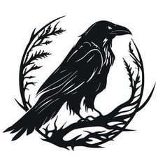 a black crow sitting on top of a tree branch in a circle with branches around it