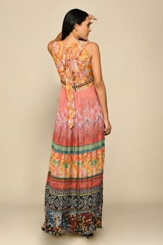 Salmon pink dress with all over contrast mixed floral print panels, ruffle panels on yoke, contrast thread and bead work yoke. - Aza Fashions Flowy Multicolor Floral Print Sleeveless Dress, Sleeveless Maxi Dress With Floral Patchwork For Spring, Multicolor Mixed Print Sleeveless Dress, Sleeveless Vibrant Print Maxi Dress For Garden Party, Flowy Floral Patchwork Dresses, Sleeveless Maxi Dress With Vibrant Print For Garden Party, Sleeveless Floral Patchwork Maxi Dress For Summer, Multicolor Sleeveless Dress With Mixed Print, Flowy Dresses With Floral Patchwork