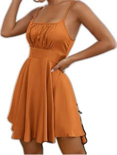 Solid Color Flowy Mini Dress For Date Night, Casual Fitted Pleated Sundress, Fitted Pleated Summer Sundress, Fitted Summer Sundress With Pleats, Casual A-line Party Sundress, Casual Pleated Mini Dress For Party, Casual A-line Sundress For Party, Chic Fitted Orange Sundress, Fitted Orange Sundress For Party