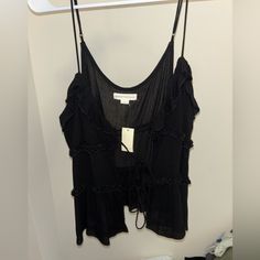 Never Worn, Black Tie Front Tank Top, Can Tie It Tight Or Leave It Loose. Straps Are Adjustable. Size L Black Spaghetti Strap Summer Tops, Black Summer Tank Top For Night Out, Black Spaghetti Strap Tank Top For Day Out, Black Spaghetti Strap Top For Day Out, Lace Tie Top, Black Tie Front Top, Tie Front Tank Top, Stage Outfit, Lace Tie