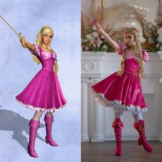 barbie doll dressed in pink and holding an umbrella next to a drawing of the same outfit