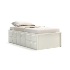 Acadia Shaker Storage Bed with Four Drawers and Two Doors. Featuring four storag drawers and two doors on one side for additional storage. Pictured in White. 2023 Beds, Birch Bed Frame, Shaker Storage, Side Bed, Cool Kids Rooms, Storage Platform Bed, Storage Platform, Queen And King, Toddler Rooms