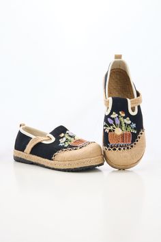 These light breathable espadrilles feature delicate embroidery for a touch of whimsy. Made with linen, they're perfect for a day of fun in the sun. (No prickly cacti here - just flowers and comfort!) 0.59" heel Slip-on 100% Linen upper No lining Natural straw mat breathable insole Rubber sole Spring Embroidered Round Toe Espadrilles, Casual Embroidered Espadrilles For Spring, Casual Flat Embroidered Espadrilles, Spring Embroidered Slip-on Espadrilles, Embroidered Slip-on Espadrilles For Spring, Summer Embroidered Espadrilles With Round Toe, Casual Embroidered Closed Toe Espadrilles, Embroidered Closed Toe Espadrilles For Spring, Spring Embroidered Closed Toe Espadrilles