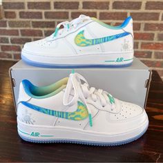 Nike Af 1 Lv8 In White/Light Menta/Multicolor Way. Size 5.5y Or W7. New In Box And Ready For Gifting! Offers Welcome! White Low-top Custom Sneakers With Fade Resistance, Custom Nike Synthetic Sneakers, Blue Custom Sneakers For Light Sports, Fade-resistant, Nike White Dynamic Custom Sneakers, Nike Custom Non-slip Synthetic Sneakers, Custom Hand-painted White Nike Sneakers, Sick Shoes, Exotic Shoes, Shoes Nike Air Force