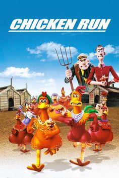 the chicken run movie poster with characters in costume and onlookers behind them