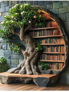 a tree that is sitting in front of a bookshelf with many books on it