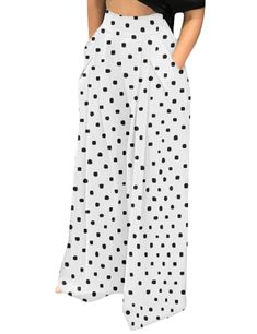 White Polka Dot Wide Leg Bell-bottomed Pants Summer Polka Dot Pants With Elastic Waistband, Polka Dot Wide Leg Pants With Elastic Waistband, Polka Dot Wide-leg Pants With Elastic Waistband, Non-stretch Polka Dot Summer Bottoms, Summer Wide Leg Polka Dot Pants, Polka Dot Wide Leg Summer Pants, Spring Polka Dot Bottoms With Pockets, Casual Wide Leg Polka Dot Pants, High Waist Polka Dot Bottoms With Elastic Waistband