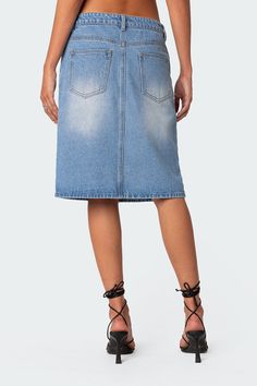 PRODUCT INFO Midi skirt Front slit Denim fabric 100% Cotton Model wears size S Model height is 5'9 Item care: Wash with similar color Midi Skirt Casual, Swimwear Dress, Faded Denim, Denim Midi Skirt, Denim Fabric, S Models, Model Height, Set Dress, Midi Skirt