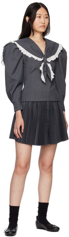 Garment-pleated cotton-blend poplin skirt. · Hook-eye closure at waistband · Concealed zip fastening at side seam · Frayed edge at hem Supplier color: Grey Blood Necklace, Puff Sleeve Jacket, Pleated Miniskirt, Shushu Tong, Poplin Skirt, 3d Rose, Twill Jacket, Sleeve Jacket, Embroidered Lace