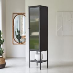 a tall black cabinet sitting in the middle of a room next to a potted plant