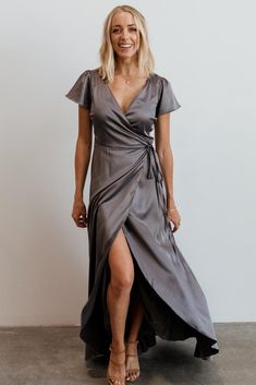 Krystal Charcoal Satin Wrap Gown Silver Grey Dress, Grey Silk Dress, Bridesmaid Wrap, Bridesmaid Satin, Dresses Velvet, White Lace Maxi Dress, Kimono Maxi Dress, White Lace Maxi, Satin Wrap Dress