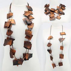 three different views of a necklace made out of metal pieces on a mannequin's head