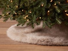 a close up of a cat under a christmas tree with lights on it's branches