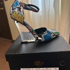 Liliana 6,Multi-Colored Wedge Clear Heel.New In Box Blue Pumps Heels, Gold Ankle Strap Heels, Pewter Heels, Tan High Heels, Diamond Heels, Bling Heels, Beige Heels, Caged Heels, Black Strappy Heels