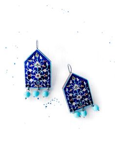 "AREZOO Persian ethnic earring is handcrafted and features a historic tile pattern from an old Persian architecture. This earring is the perfect Christmas / Valentine's day/ birthday gift for your friend, sister, mother, bridesmaid, loved one, or a special treat just for yourself . These polygonal earrings are digitally printed, laser cut from 4mm birch plywood and attached to brass toned hooks. The charm measures approximately 1\"W x 1 3/8\"H and the total length of the earring including the ho Handmade Traditional Rectangular Earrings, Traditional Handmade Rectangular Earrings, Artisan Rectangular Earrings As Gift, Artisan Rectangular Earrings For Gift, Artisan Earrings For Festivals And Gifts, Traditional Turquoise Earrings As A Gift, Inlay Dangle Earrings For Gift, Dangle Earrings With Inlay For Gift, Traditional Inlay Earrings As Gift