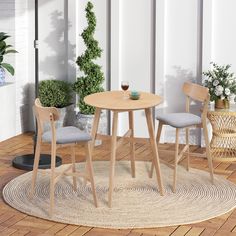 two chairs and a table on a rug in front of a white wall with potted plants