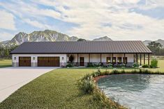 this is an artist's rendering of a house with a pond and mountains in the background