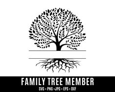 the family tree member logo is shown in black and white with an image of a tree's roots