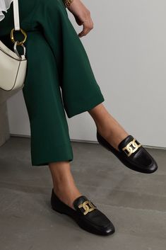 Tod's loafers are a classic style that'll work with everything from cropped jeans to dresses and tailoring. They're made from smooth leather and topped with an oversized gold chain. Tods Loafers Women Outfit, Loafers Women Outfit, Gold Loafers, Tods Shoes, Driving Loafers, Black Leather Loafers, Loafers Style, Office Fashion, Work Fashion