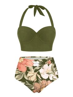 Olive Lace-Up Halter Flowers Bikini Set – Retro Stage - Chic Vintage Dresses and Accessories Retro Stage, Vintage Swimsuit, Suspender Pants, Swimsuit Collection, Sequin Evening Dresses, Standard Dress, Swimsuits Hot, Cute Bathing Suits, Cute Swimsuits