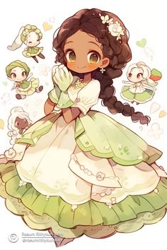 a cartoon girl in a green dress with many other characters around her