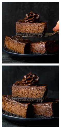 two pictures of a chocolate cheesecake on a black plate