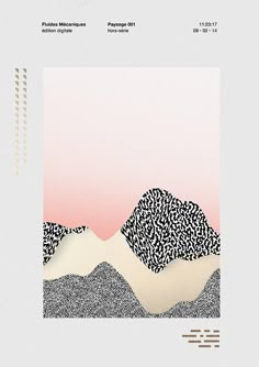 an abstract landscape with mountains in the background and pink sky above it, as well as text