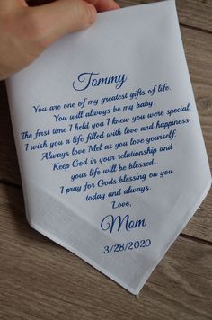 "gift for groom from mom - son wedding handkerchief 100% cotton high-quality handkerchief Hankie Size: 12 x 12 inches approx Create your own Poem/Verse/message. You can write your own unique text. I will do it Maximum 80 words long. The text is not embroidered, the text is not printed. The text is made by special transfer vinyl. Handkerchiefs can withstand even multiple machine washing. A wide selection of wedding handkerchiefs in a separate category. Come, see, choose, buy https://www.etsy.com/ Personalized Cotton Handkerchiefs, White Cotton Handkerchiefs Gift Set, White Cotton Handkerchiefs For Gifts, Personalized Handkerchiefs For Father's Day Gift, Customizable Handkerchiefs For Mother's Day, Mother's Day White Cotton Handkerchiefs, White Cotton Handkerchiefs For Mother's Day, Personalized White Handkerchiefs For Father's Day, Customizable Handkerchiefs For Wedding Gift On Mother's Day