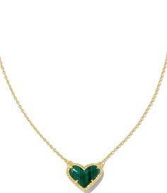 From Kendra Scott&#x2C; this necklace features:Short pendant necklace14k gold plated over brassLobster clasp closureApprox. 0.49" L x 0.57" W pendant; 15" L chain with 2" extenderImported.Please note: Due to the one-of-a-kind nature of the medium&#x2C; exact colors and patterns may vary slightly from the image shown. Cotillion Dresses, Short Pendant Necklace, Gold Shorts, Kendra Scott Necklace, Green Heart, Green Malachite, Summer Swim, Summer Swim Suits, Swim Suits