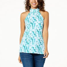 Colleen Lopez Printed Halter Top Fun, fresh prints and a halter neck elevate this summertime top. It's the kind of look you can pair with jeans and sandals for casual days and then "accessorize up" for fancier evenings. Stretch Halter Neck Tops For Beach Season, Summer Stretch Printed Blouse, Summer Vacation Halter Neck Top, Printed Halter Neck Tank Top For Summer, Printed Sleeveless Halter Top For Spring, Stretch Summer Halter Neck Top, Summer Stretch Halter Neck Top, Stretch Halter Neck Summer Top, Trendy Halter Neck Beach Tops