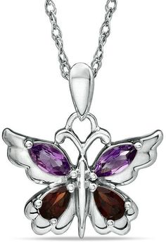 Zales Amethyst and Garnet Butterfly Pendant in Sterling Silver Amethyst And Garnet, Butterfly Fashion, The Wings, Garnet Gemstone, Butterfly Pendant, A Butterfly, Amethyst Gemstone, Spectacles, Spring Rings