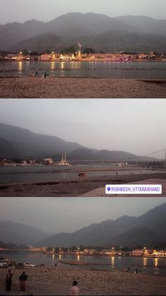 two pictures of people sitting on the beach at night and in the distance, there is a large body of water